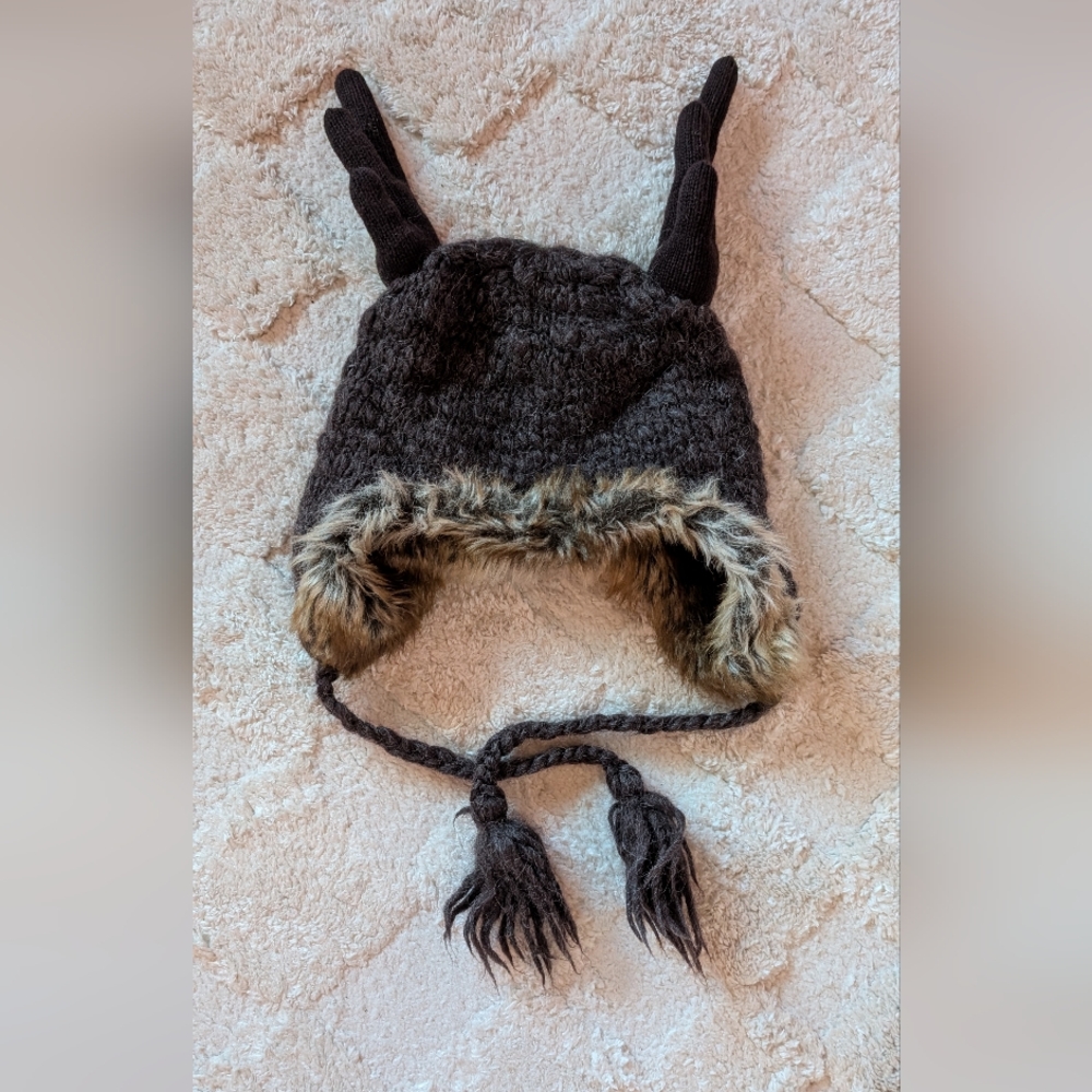 American Eagle Outfitters Brown Knit Trapper Hat with Antlers